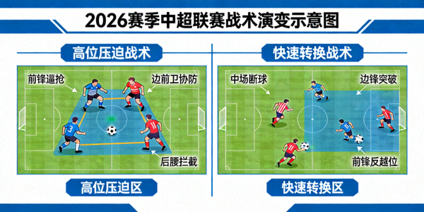 2026赛季中超联赛战术演变示意图，展示高位压迫与快速转换战术在比赛中的应用场景