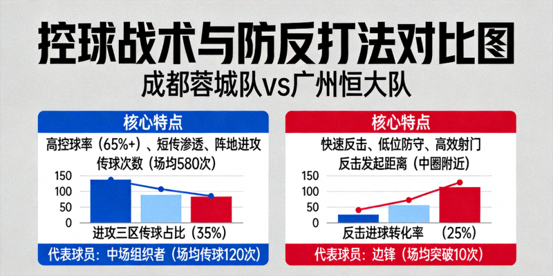 控球战术与防反打法对比图，展示成都蓉城队控球为主的战术与广州恒大队防反打法的不同特点