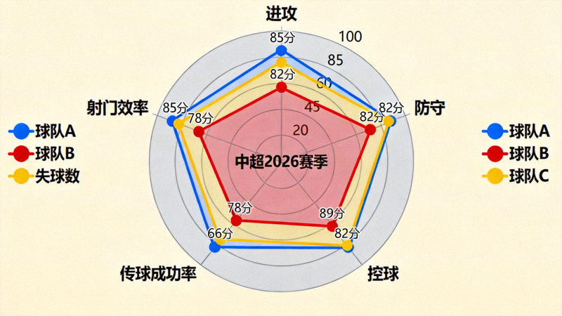 中超2026赛季球队表现指标雷达图对比，展示前三名球队在进攻、防守、控球等维度的数据差异