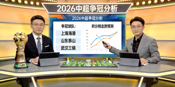 中超联赛专家分析场景，足球评论员在演播室解读2026赛季争冠形势与积分榜走势